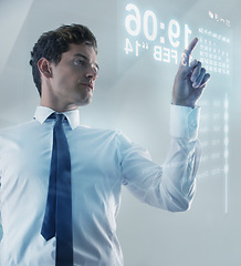 Image showing Digital, calendar and interface with businessman user in studio on gray background for planning or schedule. Date, future or touchscreen tech and serious young employee with metaverse automation
