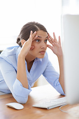 Image showing Woman, computer and stress or online research project or .investment as financial advisor, overtime or deadline. Female person, confused and problem solving or overworked in London, burnout or web