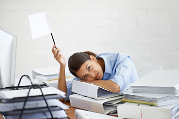 Image showing Business woman, portrait and white flag with documents for surrender, overworked or stress at office. Tired female person or bored employee waving signal with paperwork, binders or folders on desk