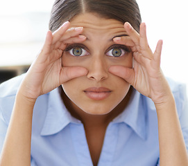 Image showing Corporate woman, portrait and tired eyes from fatigue, sleepy and stressed out for deadline. Overworked, burnout and exhausted lawyer from cases, lawsuit and planning or ready to sleep or nap at desk