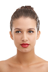 Image showing Woman, makeup and beauty with red lipstick for cosmetics or facial treatment on a white studio background. Face of elegant female person or young model with skincare or colorful lips for cosmetology