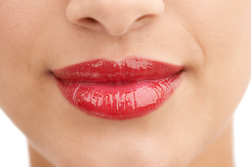 Image showing Person, red lipstick and closeup of smile with makeup in cosmetics, gloss or glow in treatment. Colorful lips of woman or model in satisfaction for mouth, oral or beauty in cosmetology or dermatology