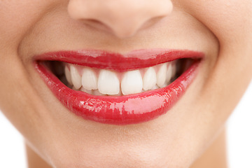 Image showing Happy person, red lipstick and closeup of teeth with makeup in cosmetics, gloss or dental treatment. Color lips of woman or model with smile for tooth whitening, mouth or oral beauty in cosmetology