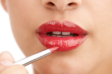 Image showing Woman, closeup and red lipstick with makeup for beauty cosmetics on a white studio background. Lips of female person or model applying color, gloss or glow for cosmetology, dermatology or treatment