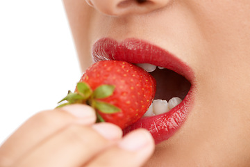 Image showing Person, mouth and bite with strawberry, red lipstick or cosmetics for nutrition on a white studio background. Closeup of woman, teeth or organic fruit with makeup for diet, natural fiber or glow