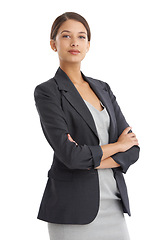 Image showing Business woman, portrait and office clerk with confidence and corporate fashion in studio. Career, employee and female startup professional with white background in clothes for job with arms crossed