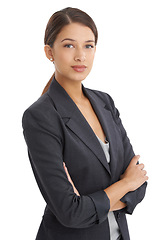 Image showing Business woman, portrait and office clerk with confidence and corporate fashion in studio. Career, employee and female startup professional with white background and arms crossed in job clothes