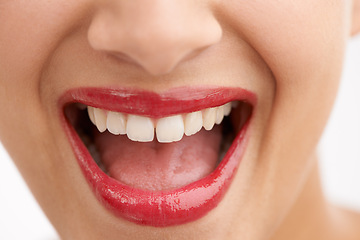 Image showing Happy woman, teeth and red lipstick with makeup for beauty, cosmetics or dental care on a white studio background. Closeup of person or model in satisfaction for lip gloss, glow or tooth whitening