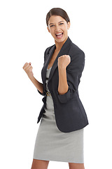 Image showing Business, woman and yes in studio for success, winning and achievement with wow, fist and celebration. Portrait of an excited worker or winner with goals for human resources on a white background