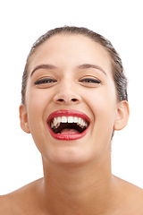 Image showing Happy woman, portrait and laughing with red lipstick for beauty, makeup or cosmetics on a white studio background. Face of female person or young model in satisfaction for lip gloss, glow or shine