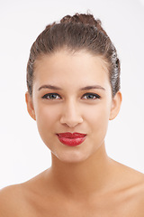 Image showing Woman, portrait and makeup with red lipstick for beauty, cosmetics or facial treatment on a white studio background. Face of happy female person or young model with skincare for color or cosmetology