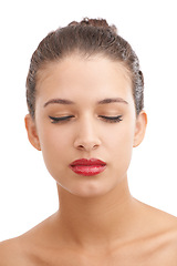Image showing Calm woman, relax and beauty with red lipstick for makeup or cosmetics on a white studio background. Face of female person or young model in skincare or facial treatment with lip gloss, glow or shine