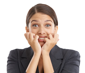 Image showing Portrait of business woman with stress on a white background bite nails for mistake, crisis and fear. Professional, corporate and face of isolated person with worry, anxiety and fail in studio