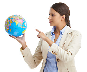 Image showing Globe, pointing and business with woman, employee and person isolated on a white studio background. Geography, global trade and entrepreneur with a map and earth with planning, thinking and planet