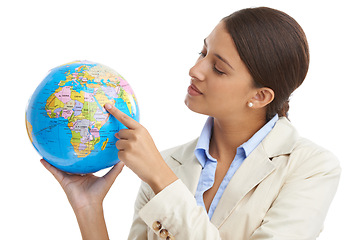 Image showing Business woman, hands or spinning globe in studio, world map or network for international trade. Corporate strategist, environment or earth for global warming or carbon footprint by white background