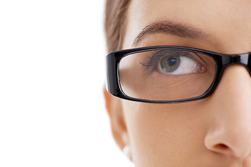 Image showing Young woman, thinking and glasses for inspiration and eyecare for optometry in studio close up. Model, vision and creative idea for health, design and better eyesight and wellness by white background