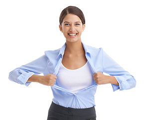 Image showing Business woman, superhero or portrait in studio mock up or open shirt for confidence with advertising. Saleswoman, happy face and trendy fashion for promotion and retail branding by white background