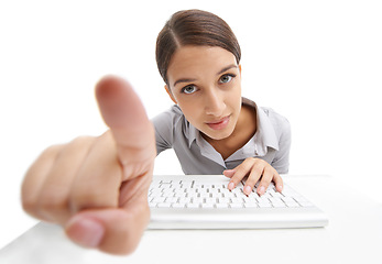 Image showing Portrait, businesswoman or finger on transparent screen in studio or virtual communication for digital interaction. Consultant, face or typing on keyboard or futuristic technology by white background