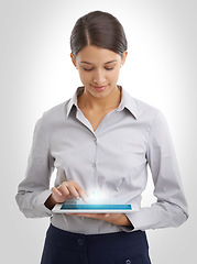 Image showing Business woman, studio and tablet with hologram ui for productivity and networking for career growth. Wed design, touchscreen and ux for website to browse, display and innovation by white background