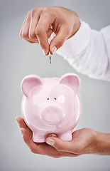 Image showing Hands, coin in piggy bank and saving for future, person has financial freedom or budget with money on grey background. Investment, finance for growth and development with security and emergency fund