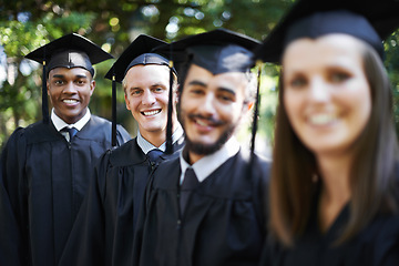 Image showing Graduation, classmates and friends for portrait, celebration and people for education and college for diploma. Outdoor, degree and ceremony for university, campus and students with cap and gown