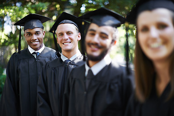 Image showing Graduation, friends and smile for portrait, ceremony and friends for education and college for diploma. Outdoor, degree and celebration for university, outdoor and certificate with cap and gown