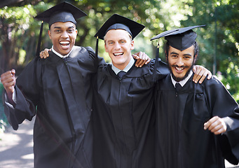 Image showing Happy, men and portrait at graduation with celebration, friends and graduate group outdoor with a smile. Diploma, certificate and study education event on campus with diversity and college degree