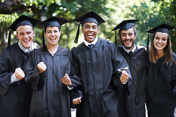 Image showing Happy, students and portrait at graduation with celebration, friends and graduate group outdoor with a smile. Diploma, certificate and education event on campus with diversity and college degree