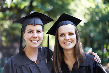 Image showing Students, portrait and graduation with women outdoor at university, college and achievement ceremony. Education, campus and class at certificate, degree and school event with a smile from diploma