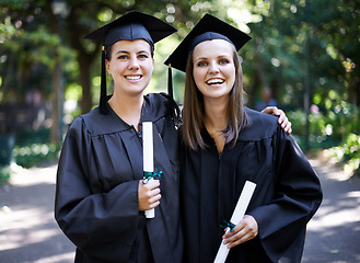 Image showing Friends, portrait and graduation with women outdoor at university, college and achievement ceremony. Education, campus and class at certificate, learning and school event with a smile from diploma