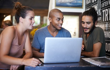 Image showing Diverse, team and laptop in cafe for discussion, creative and ideas in conversation. Digital, search and information technology for colleague, teamwork and happy smile for web design on internet.