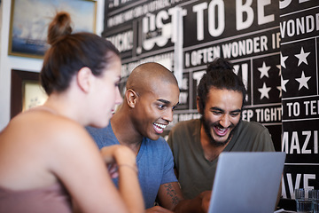 Image showing Diversity, team and smile in cafe with laptop for work, social media and employee for internet connection. Partnership, networking of happy business people together, digital project and planning