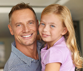 Image showing Daughter, father and portrait for bonding, family and home with smile and playtime with hug. Dad, little girl and happy for joy, care and child development with kid and love at house together