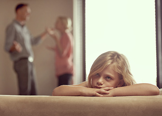 Image showing Divorce, parents and unhappy child in argument, sofa and sad in family with stress and anger. Daughter, parents and fight as frustrated, conflict and listen to mom, dad and depression in living room