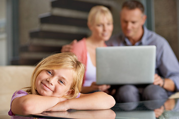 Image showing Smile portrait, child and parents in lounge with love, relax and laptop for streaming subscription on weekend. Father, mother and happy face of daughter with care and home to watch an online movie