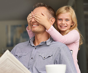 Image showing Daughter, father and cover eyes in portrait, home and trust in playing game on weekend. Girl, daddy and having fun while bonding and love for parent, happy and hiding dad in house and smile or care