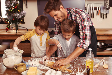 Image showing Father, smile and children baking, learning and happy boys bonding together in home. Dad, kids and cooking with flour, rolling pin and teaching brothers with family at table in kitchen for Christmas