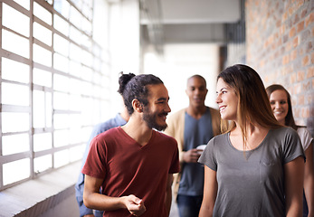 Image showing Students, university and group in a hallway, students and funny with knowledge and lunch break. Friends, college and men with women in a lobby or education with laugh or joke with conversation or joy