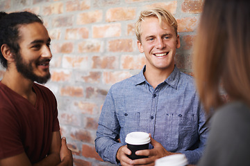 Image showing Friends, university and students in a hallway, conversation and funny with discussion and lunch break. Group, college and men with woman in a lobby or education with laughing or joke with knowledge