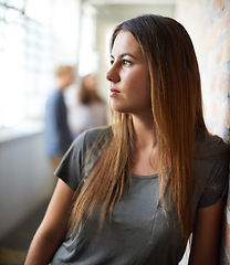 Image showing Student, woman and thinking on campus or thoughts, idea and vision for project. College person, decide and wonder about education brainstorming, planning and solution for problem solving in corridor