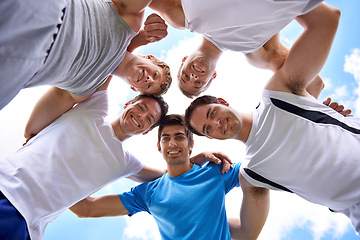Image showing Men, circle and portrait with sports in low angle for hug, support or teamwork at training in nature. People, group and happy to embrace in huddle, scrum or together for exercise, workout or fitness