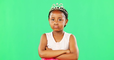 Image showing Children, miserable and arms crossed with a black girl on a green screen background in studio. Portrait, tantrum and unhappy with a moody little female child sulking alone on chromakey mockup