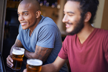 Image showing Friends, men and happiness in pub with beer for happy hour, relax or social event with window view. Diversity, people and drinking alcohol in restaurant or club with smile for bonding and celebration