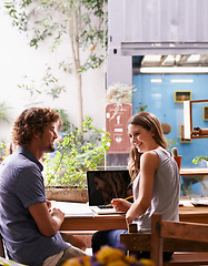 Image showing Students, talking and smiling in coffee shop with laptop and notes for studying and break. Young people, friends and cheerful together with tech, internet and email for research or tutor at cafe