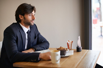 Image showing Businessman, window and thinking at cafe with coffee for vision on lunch to reflect, imagine and idea for company. Entrepreneur, muffin and cup for contemplating with plan for startup business.