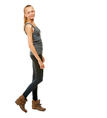 Image showing Woman, portrait and pride for fashion in studio, casual aesthetic and cool on white background. Happy female person, full body and clothes on mockup space, student and confident with smile on face