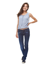 Image showing Woman, portrait and proud of clothes in studio, casual aesthetic and cool on white background. Happy female person, full body and fashion on mockup space, university student and confident with smile