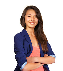 Image showing Portrait, smile and woman with arms crossed in studio isolated on a white background. Confidence, face and happy person in casual clothes for fashion, style or trendy outfit on a backdrop in Italy