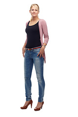 Image showing Fashion, woman and casual with confidence in studio on white background, clothes and trendy outfit with heels. Female person, smile and satisfied with style, jeans and stylish with positivity.