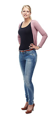 Image showing Woman, portrait and confident for clothes in studio, casual aesthetic and attitude on white background. Female person, full body and fashion on mockup space, designer and pride for style or trend